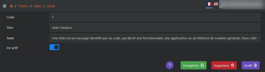 Formulaire de paramétrage d’une aide dans le back-office Tilkeo.
